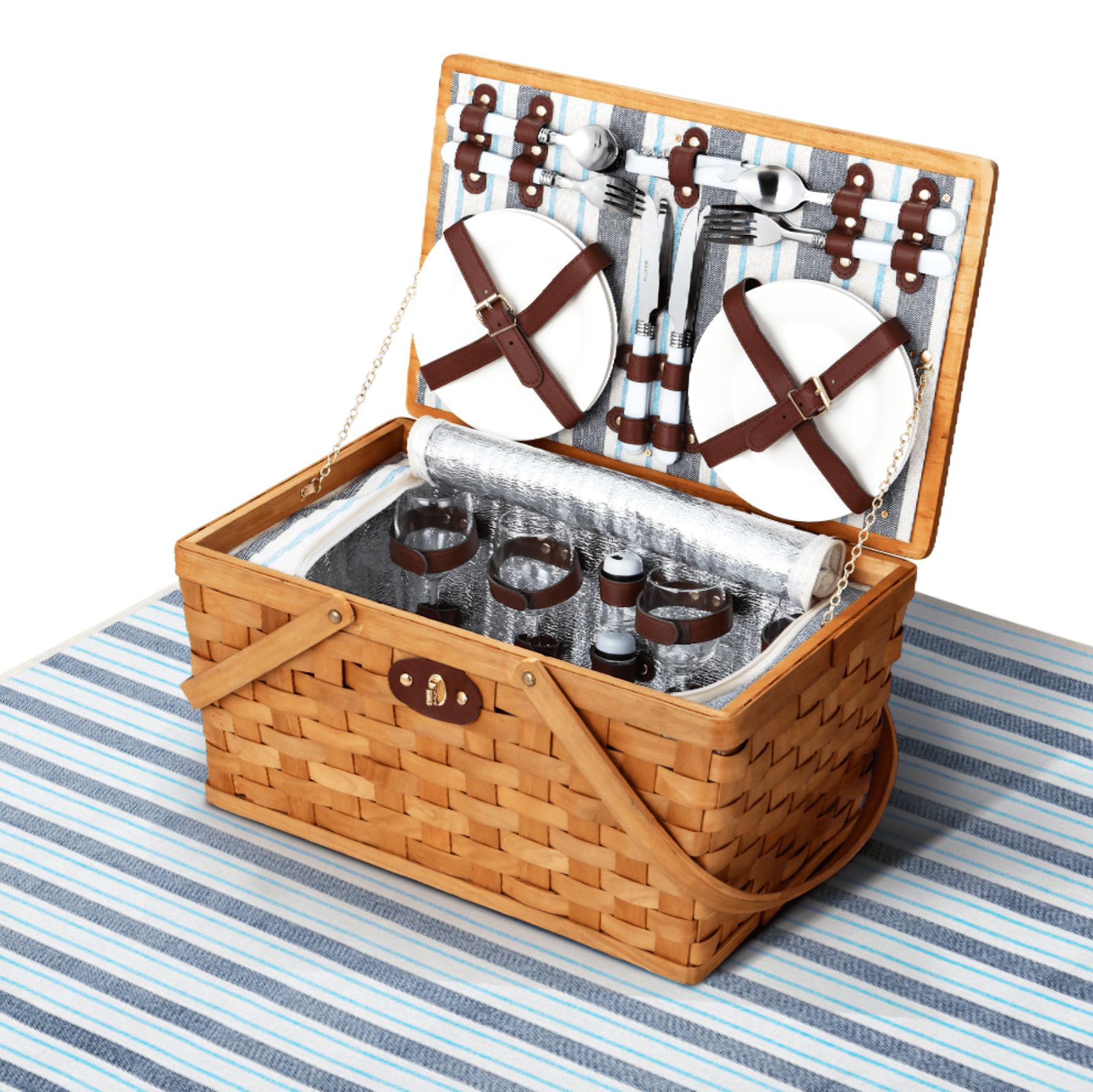 Alfresco 4 Person Picnic Basket Set Wooden Blanket Bag Insulated - Drowning In Summer