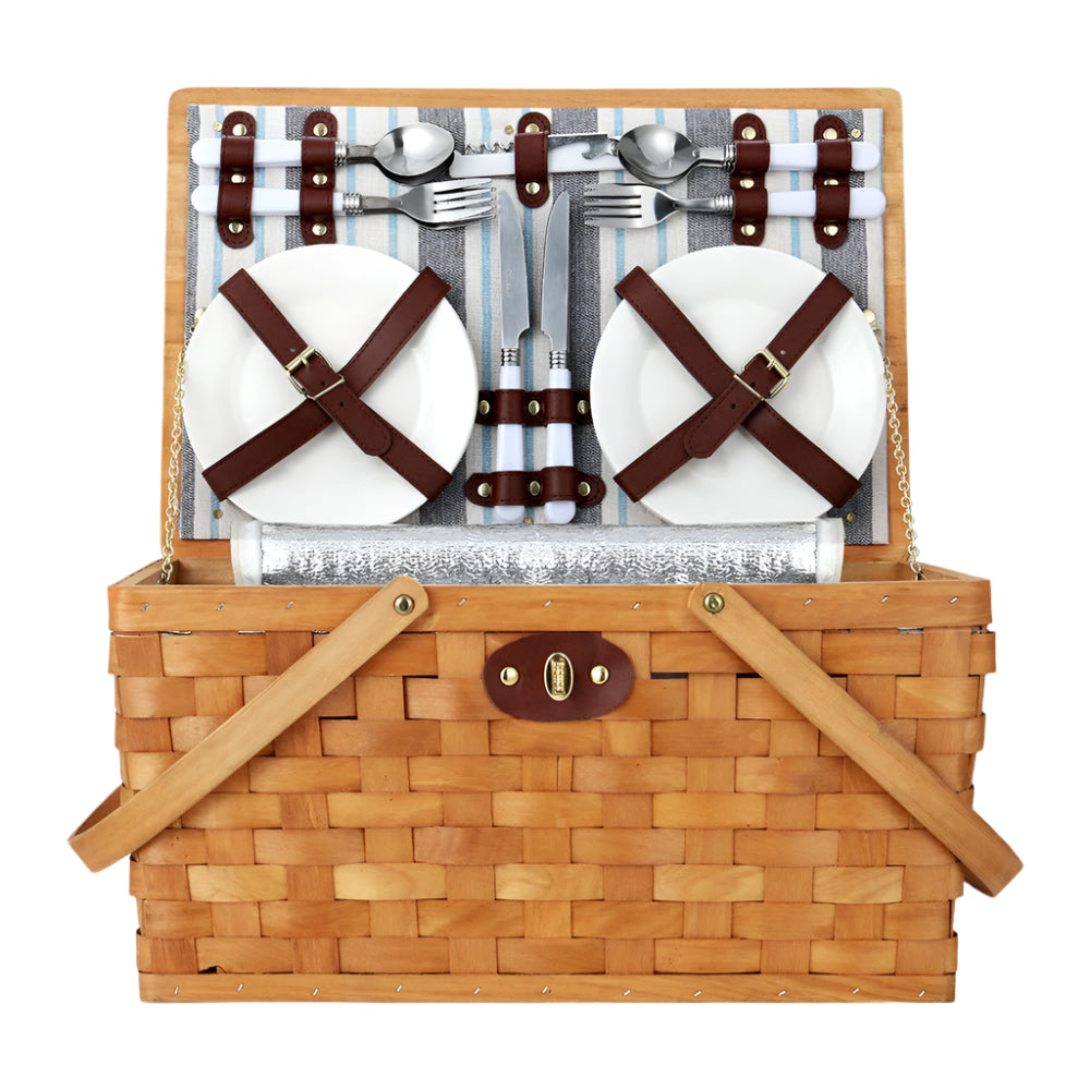 Alfresco 4 Person Picnic Basket Set Wooden Blanket Bag Insulated - Drowning In Summer