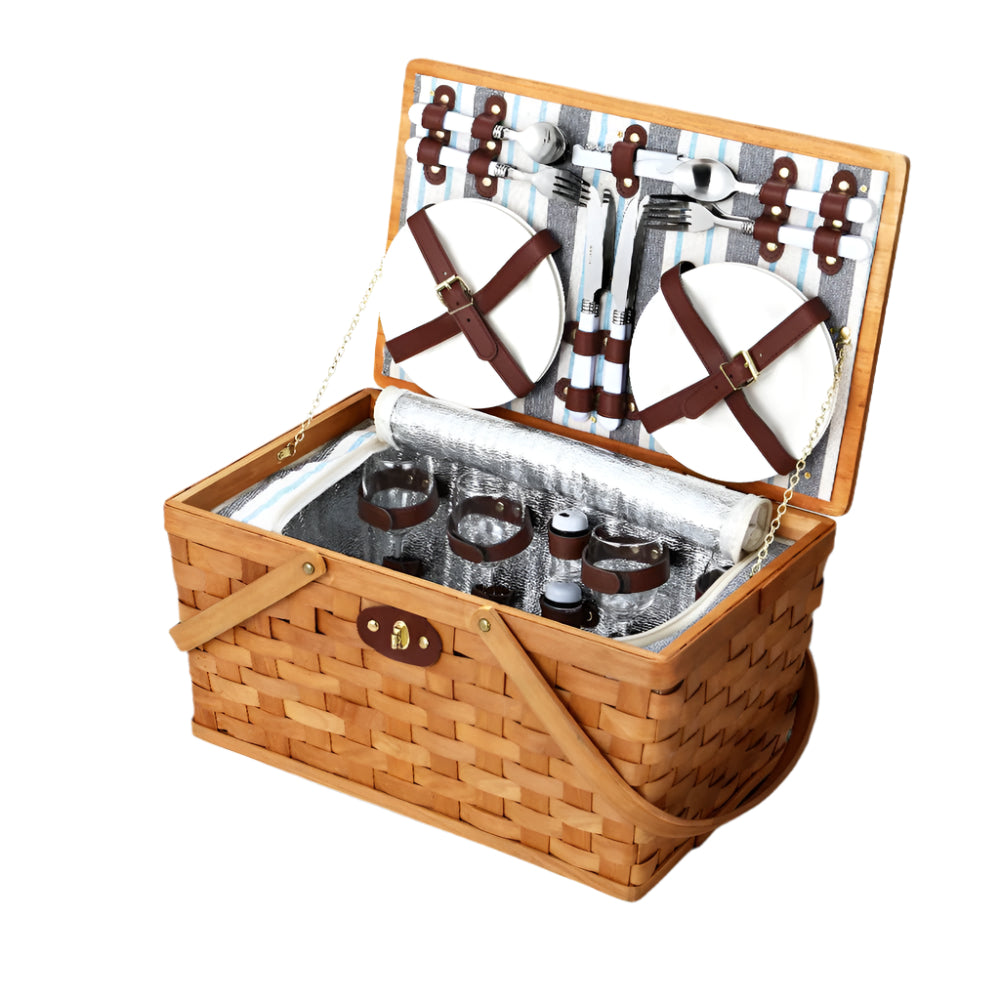 Alfresco 4 Person Picnic Basket Set Wooden Blanket Bag Insulated - Drowning In Summer
