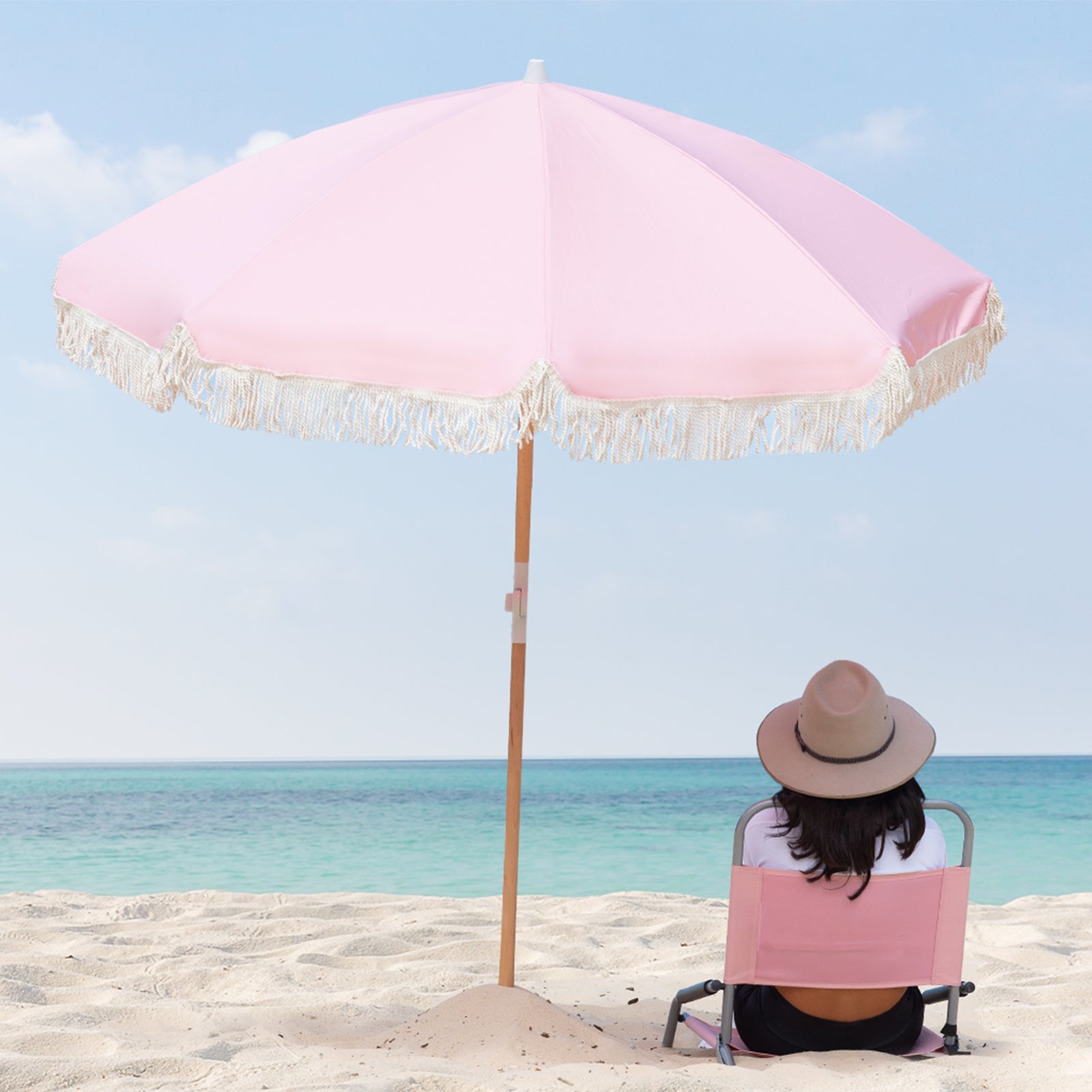 Havana Outdoors Beach Umbrella Portable 2 Metre Fringed Garden Sun Shade Shelter - Dusty Rose - Drowning In Summer